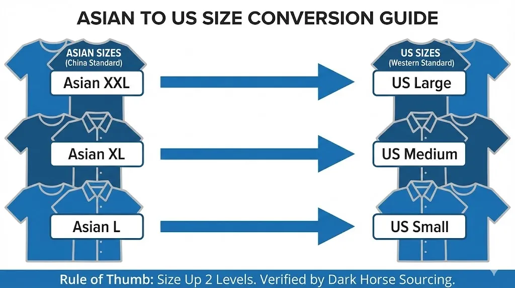 Infographic titled 'Asian to US Size Conversion Guide' by Dark Horse Sourcing, showing clothing size differences between China and Western standards, illustrating that Asian XXL is a US Large, XL is a Medium, and L is a Small.